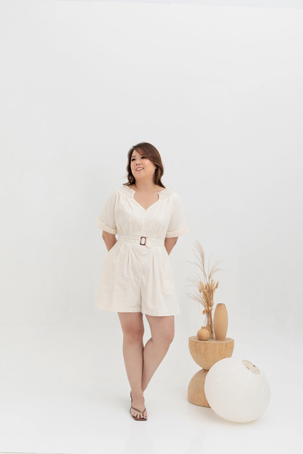 Front Zip Linen Romper (White)