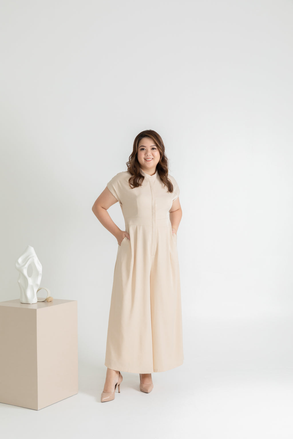 Front Button Mandarin Collar Wide Leg Jumpsuit (Creme)