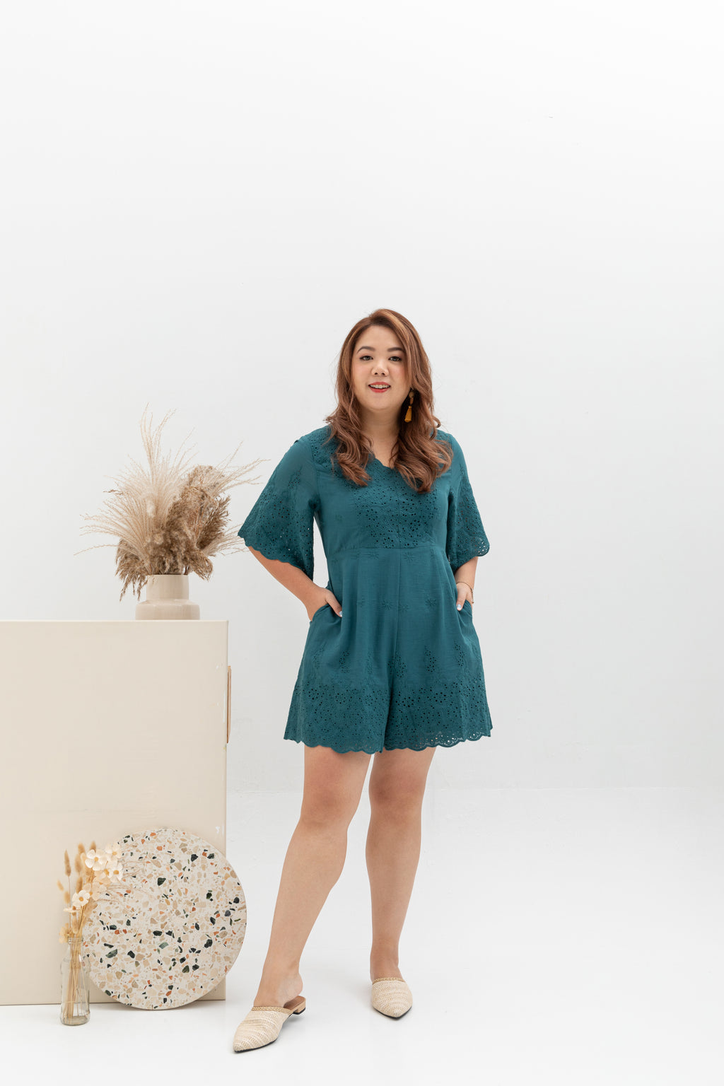 Embroidery Eyelet Romper with Kimono Sleeves (Emerald)