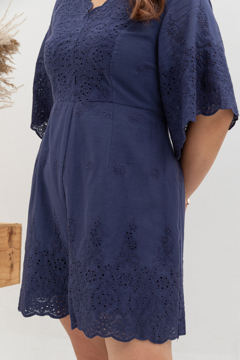 Embroidery Eyelet Romper with Kimono Sleeves (Navy)