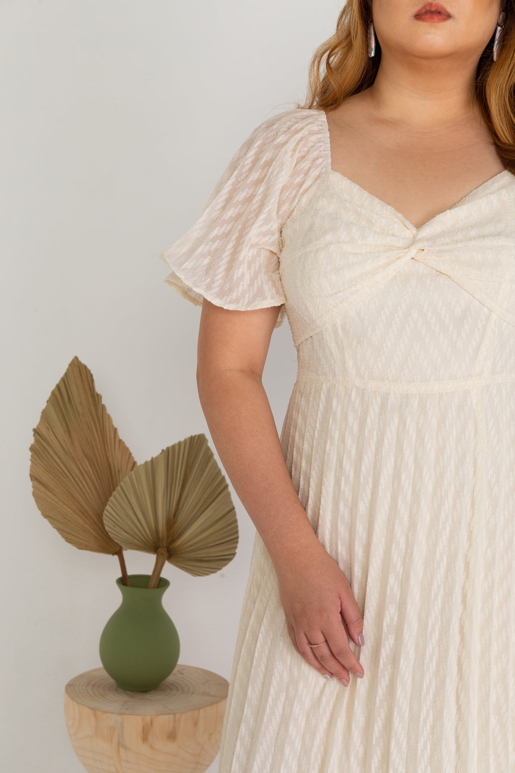 Pleated Textured Dress (Creme)